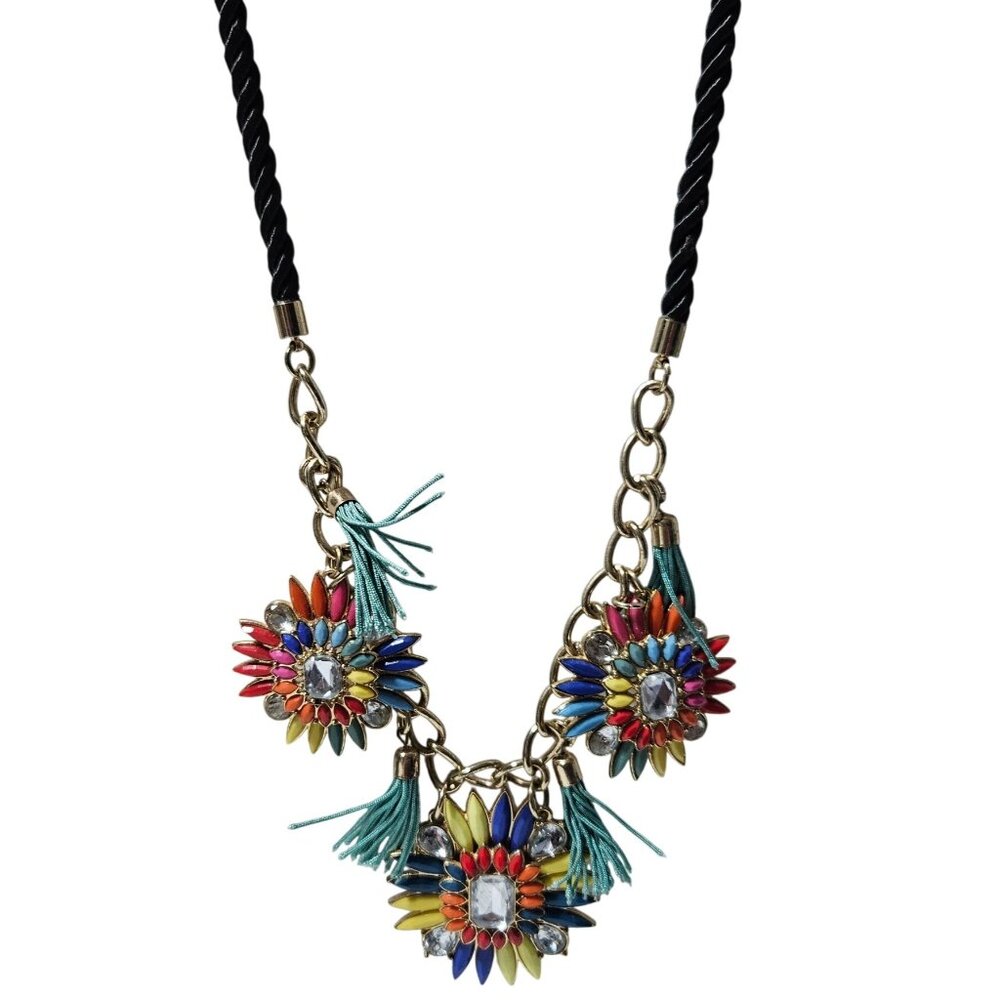 Colorful Floral Pendants Statement Necklace Tassels Rhinestone Black Rope Chain